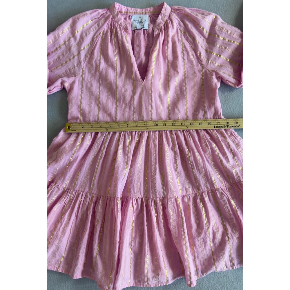Area Stars Pink Gold Metallic Striped Tiered Cotton Mini Dress Womens Small - Picture 11 of 13